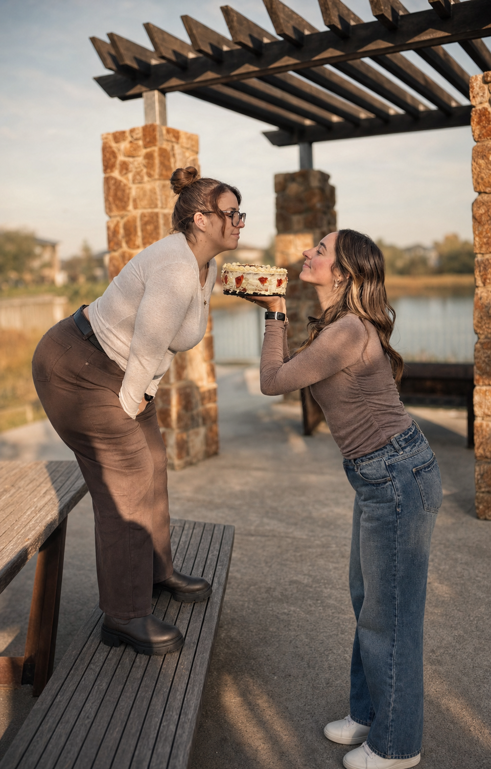 Chloe and Ashleigh celebrating with cake outdoors